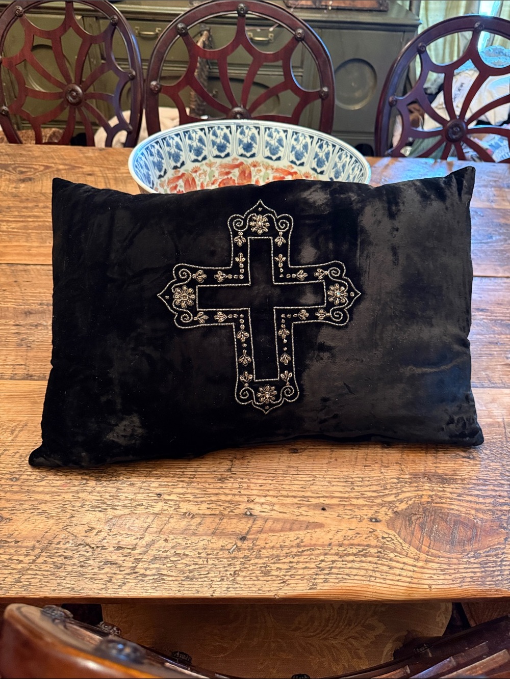 Black Velvet Decorative Pillow with Embroidered Cross pillow